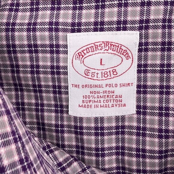 Brooks Brothers Shirt‎ Mens Large Purple Pink Gingham Check Plaid OCBD Non Iron - Picture 4 of 9